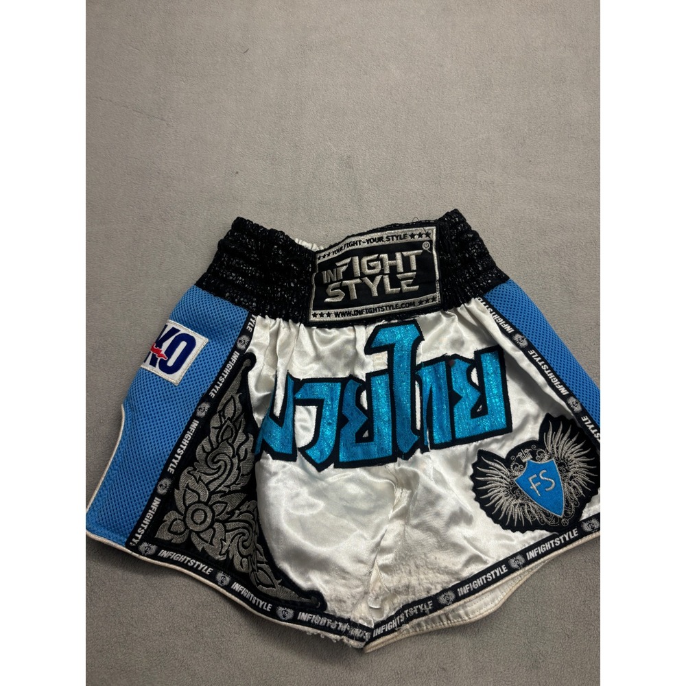 Infightstyle Muay Thai Shorts White Blue Satin Mesh Kickboxing Training Small